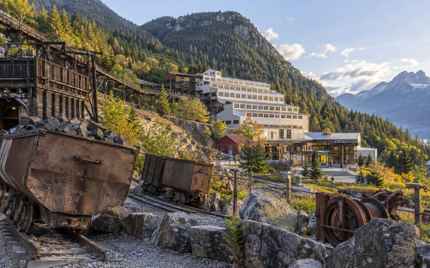 Britannia Mine Museum with historic structures and mountain backdrop