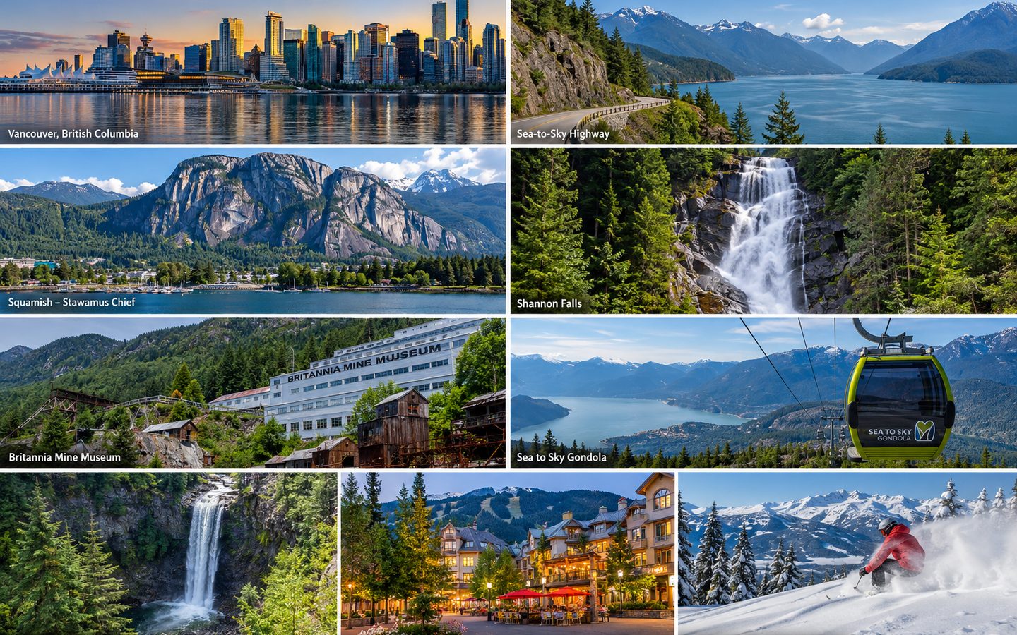 Collage of Vancouver, Sea-to-Sky attractions and Whistler highlights