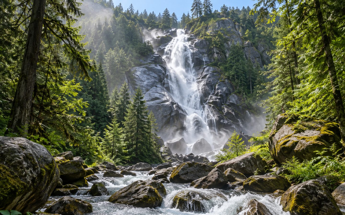Shannon Falls cascading through evergreen forest