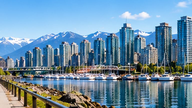 Walkable Vancouver waterfront with city and mountain views