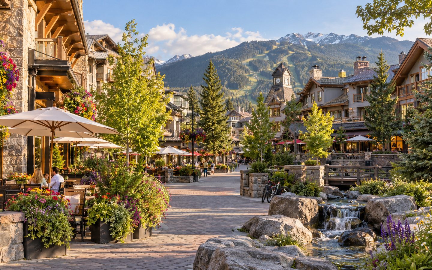 Whistler Village clock tower and resort buildings in British Columbia