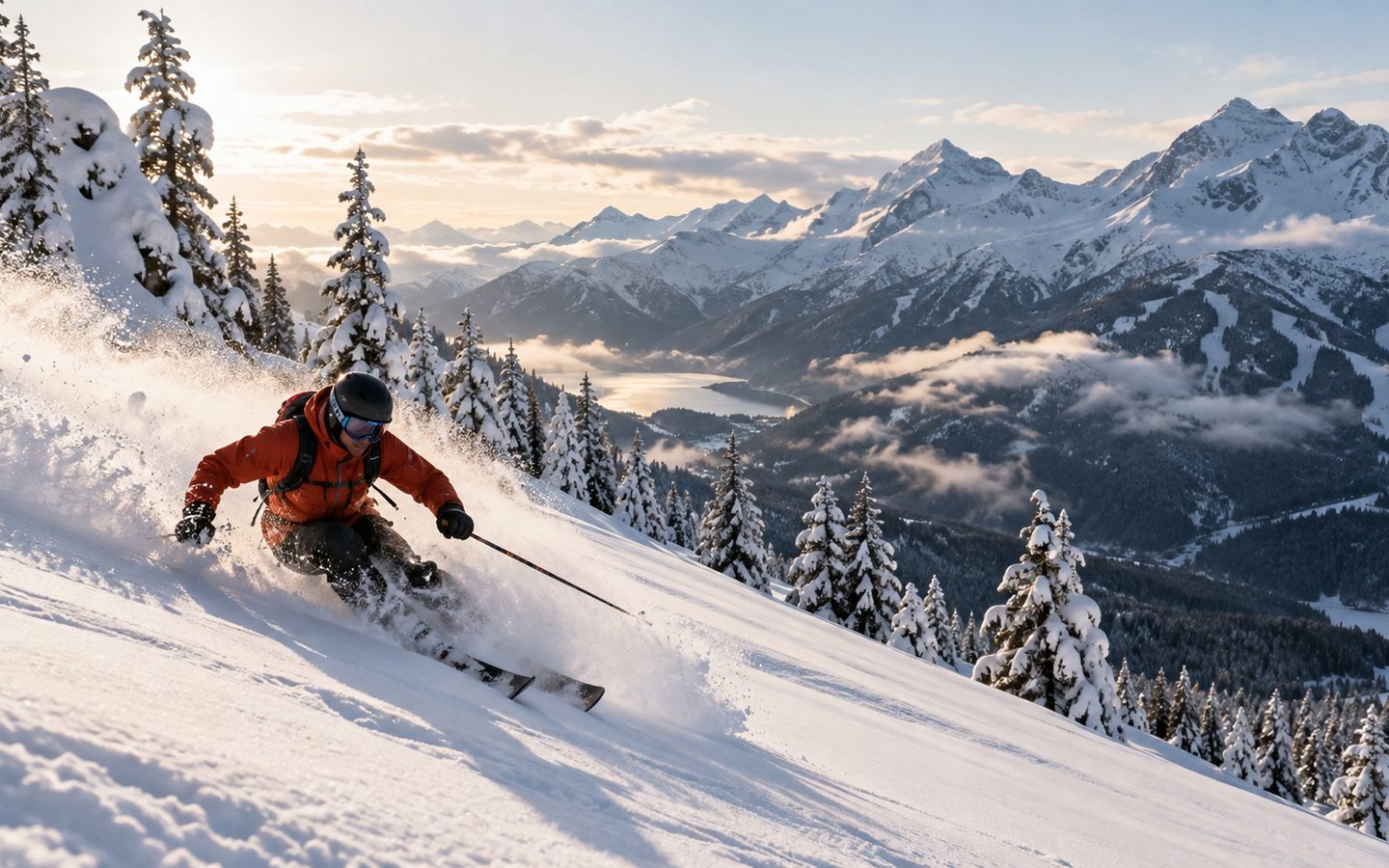 Snow-covered Whistler Village and surrounding mountains in winter