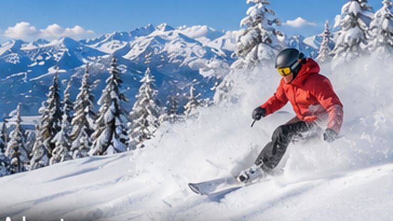 Skier descending fresh powder in the Whistler mountains