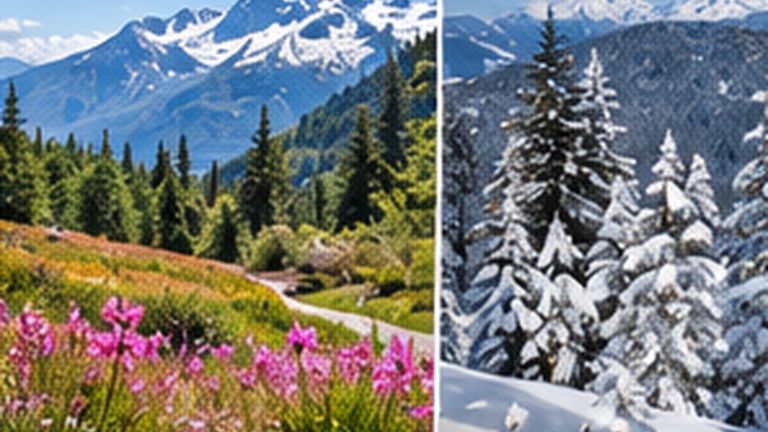Summer alpine meadow and winter forest illustrating the region through the seasons